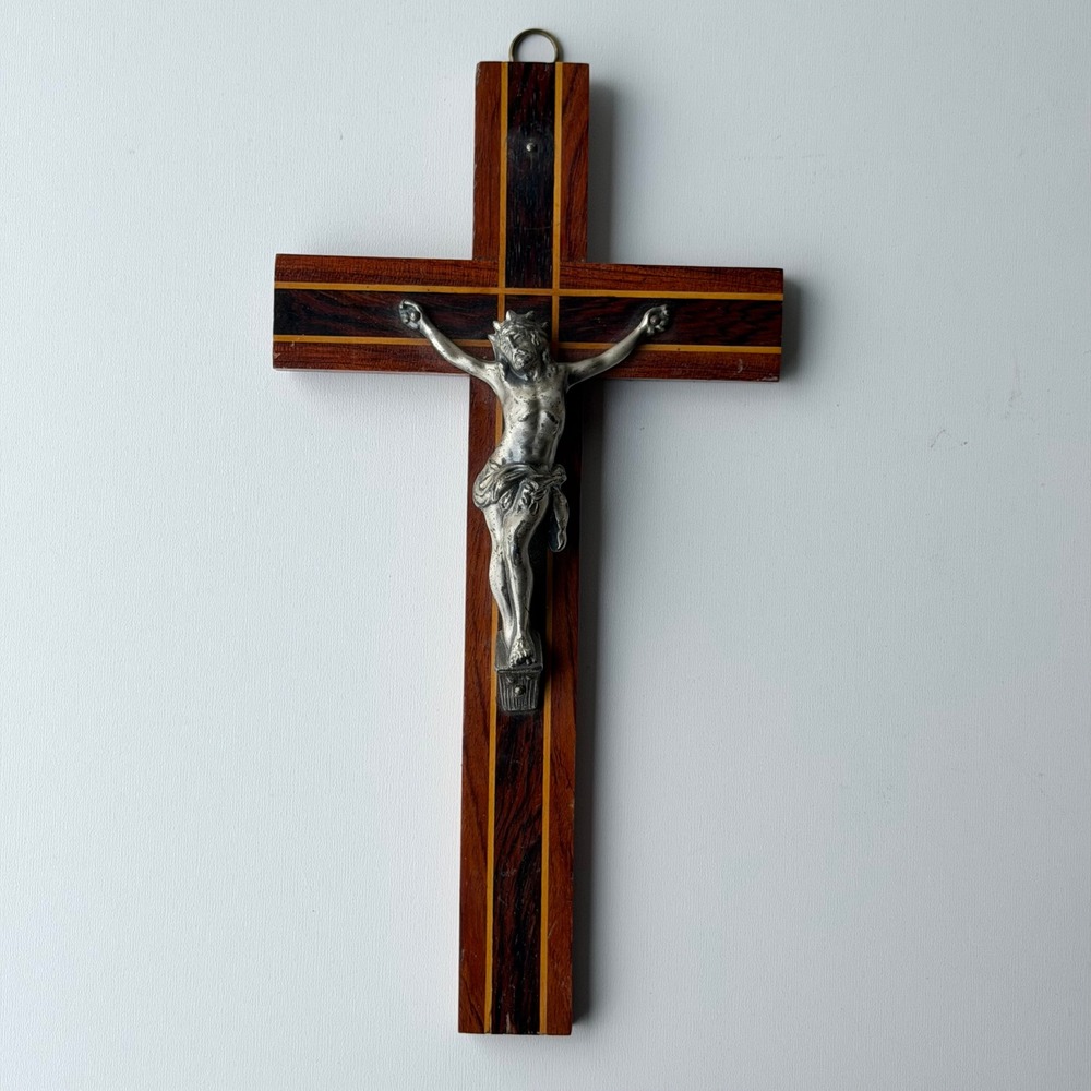 Vintage Crucifix Wall Cross Metal Wood Inlay Religious Old World Rustic